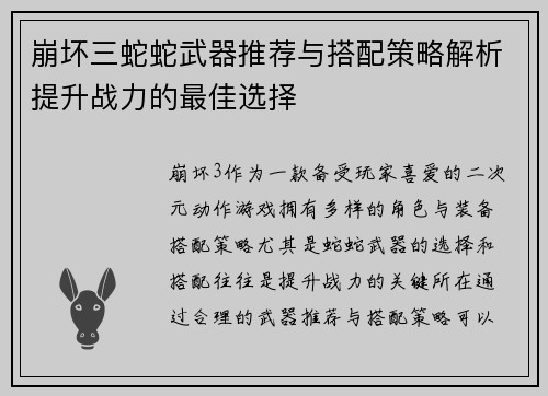 崩坏三蛇蛇武器推荐与搭配策略解析提升战力的最佳选择